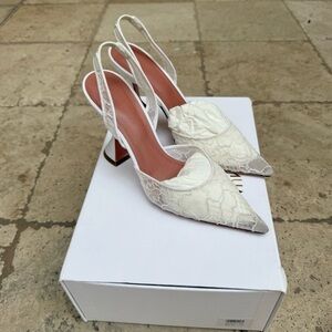 Amina Muaddi white Lace Holli Slingback Heels